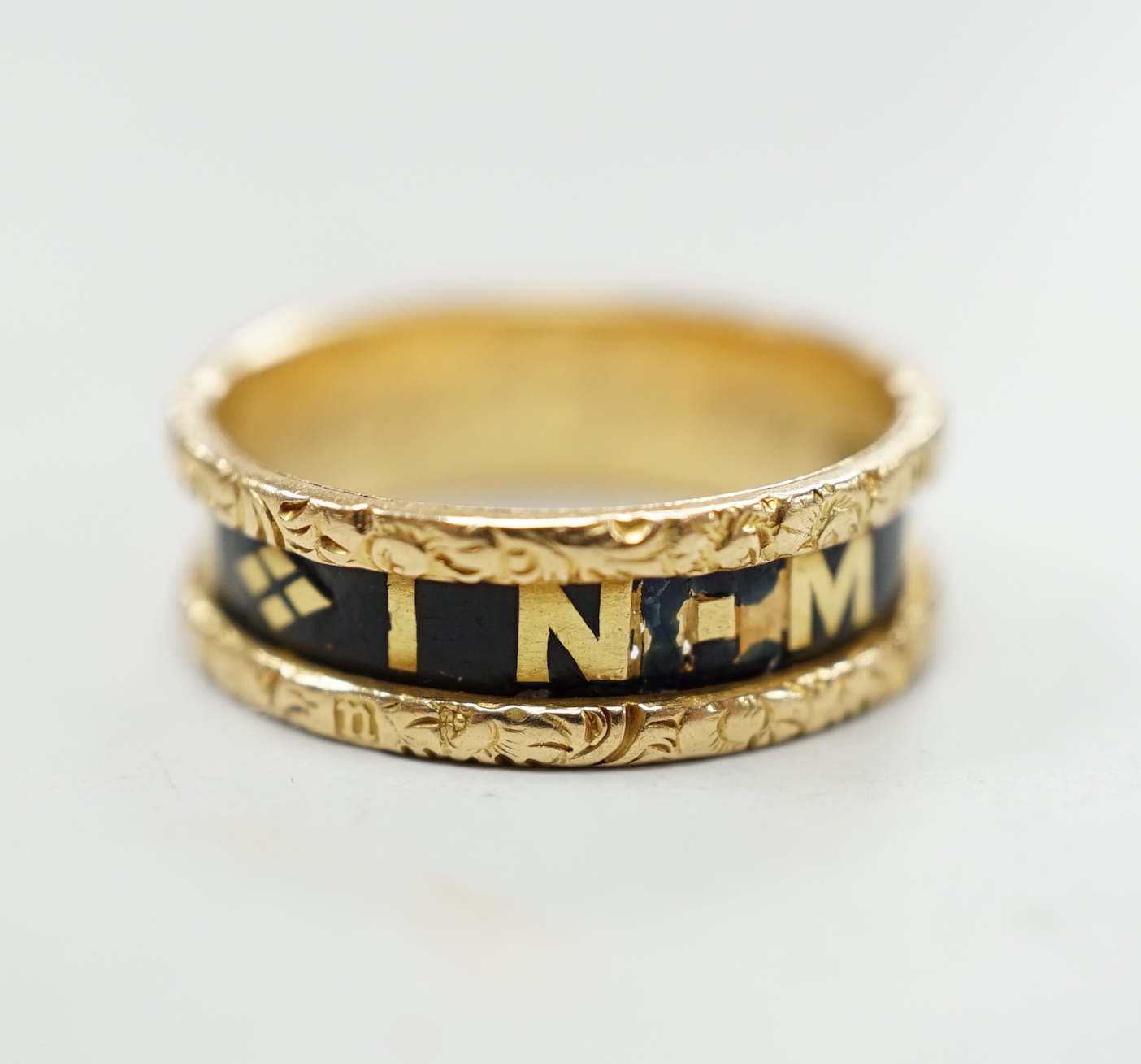 A Victorian 18ct gold and black enamel 'In Memoriam' band, inscribed ' Edwr John Lewis obt 5th April 1876, at 54', size N, gross weight 4 grams.